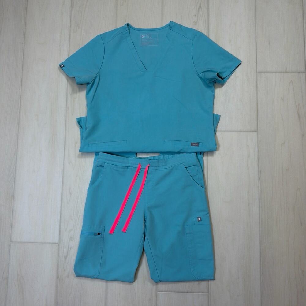 FIGS Neon Blue Scrub Set Yola Skinny Jogger Pants Casma 3-Pocket Top Size XS/S